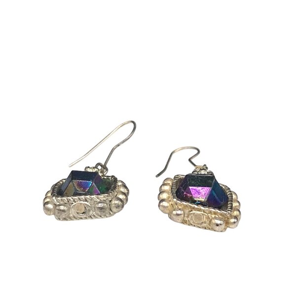 Vintage Etruscan Revival Spin Bead Earrings, Silver Tone Orbital Square Dangle - Picture 4 of 6